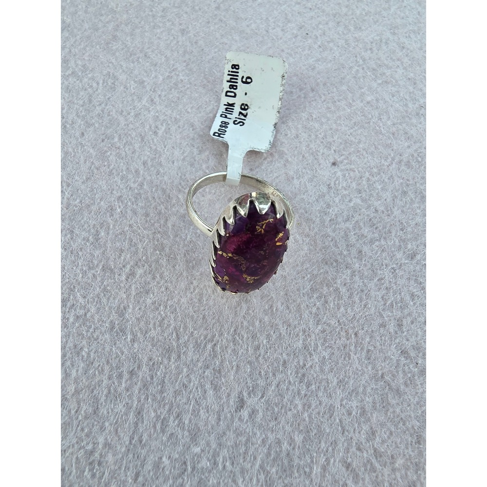 Rose Pink Dahlia Oval Stone Ring Silver Tone Magenta Gold Flakes Size 6